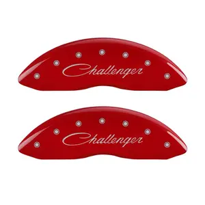 MGP 4 Caliper Covers Engraved Front & Rear Cursive/Challenger Red finish silver