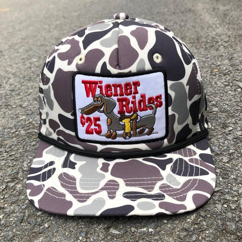 Wiener Rides Dachshund Dog Embroidered Patch Camo Hat, Rope Brim Camouflage Pattern Snapback, Ideal Snapback For Him