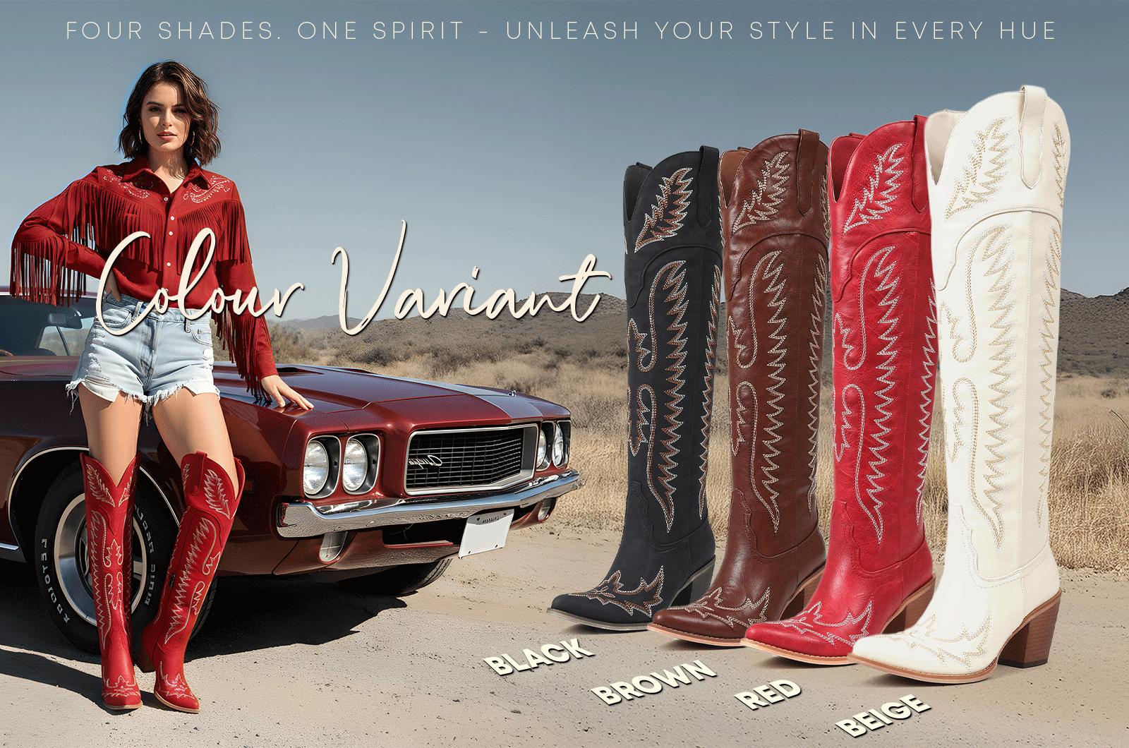 CELNEPHO Women Cowboy Boots Western Embroidery Booties Pointed Toe Over the Knee Boots Chunky Block Heel Side Zipper Closure Easy Pull on Cosplay Country Wedding Gift Festival Dress Shoes