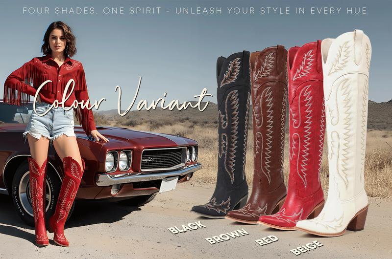 CELNEPHO Women Cowboy Boots Pointed Toe Over The Knee Country Boot Western Embroidery Design Side Zipper Closure Easy Pull on Cosplay Cowboy Festival Valentine Gift Spring Dress Shoes