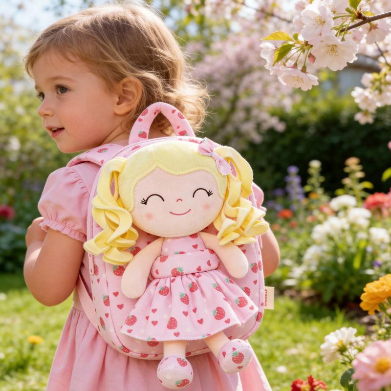 Gloveleya Strawberry Fruit Doll Backpack - 9" Soft Plush Toy Bag with Removable Berry Girl, 2-in-1 Toddler Backpack for Ages 2-4, Sweet Birthday & Valentine's Day Gift for Girls