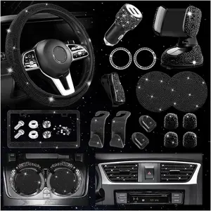 Bling Car Accessories Set 27pcs- Universal Fit Steering Wheel Covers, License Plate Frames, Phone Holder, Car Coasters, Suitable for Fashionable Men And Women