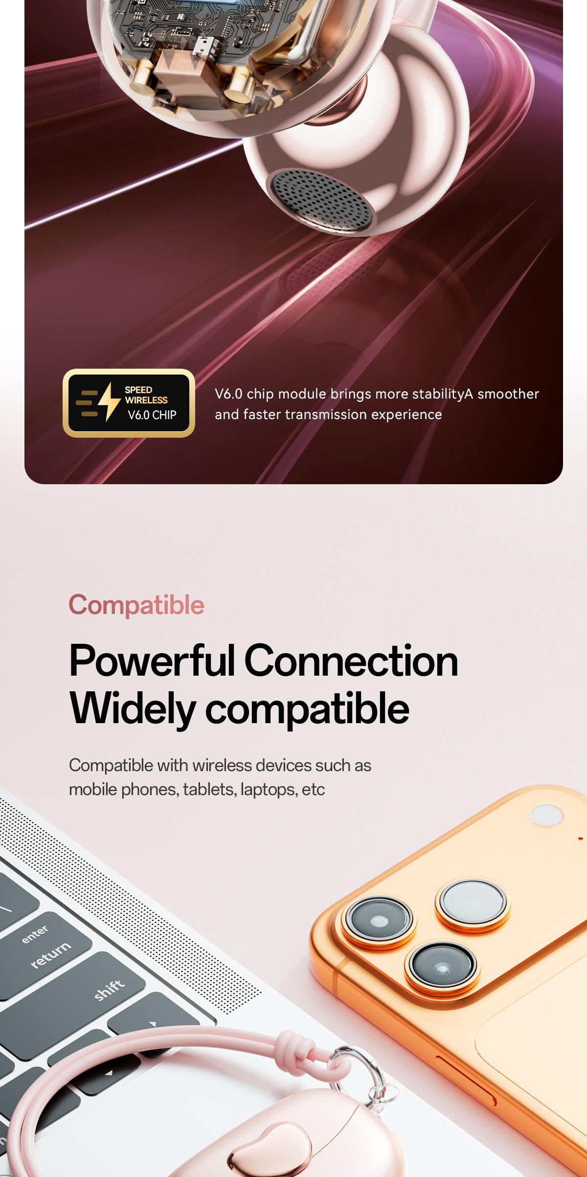 CHENRUIDA M106 Women's Headphones with Dynamic Stereo Earbuds ENC Call Noise Reduction IPX7 Waterproof 360° Panoramic Sound Ear Clip Earphones Comfortable Fit pink head phones