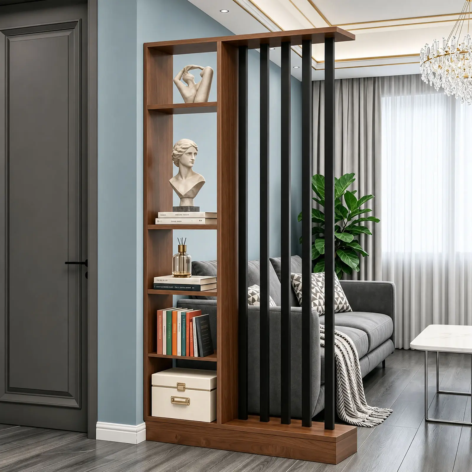Room Divider with Shelves, Entrance Hall Partition Screen Column Floor to Ceiling Freestanding Room Divider with Storage Shelf