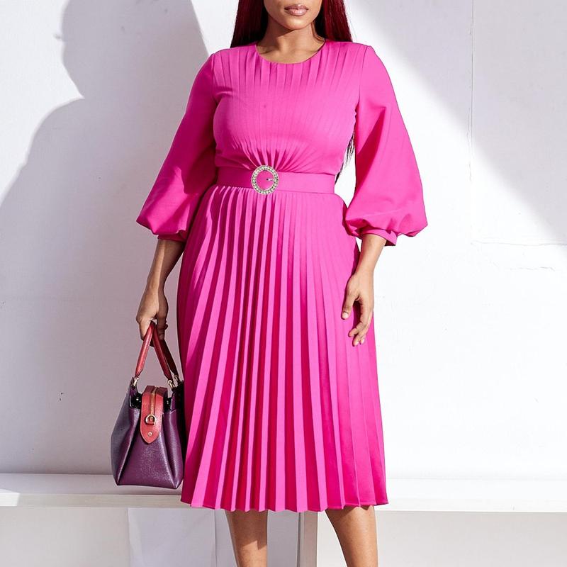 Women’s Pleated Midi Dress with 3/4 Puff Sleeves, Round Neck and Ring-Buckle Belted Waist, A-Line Silhouette with Back Keyhole — Elegant Choice for Work, Church & Wedding Guests Women’s Pleated Midi Dress with 3/4 Puff Sleeves, Round Neck and Ring-Buckle Belted Waist, A-Line Silhouette with Back Keyhole — Elegant Choice for Work, Church & Wedding Guests