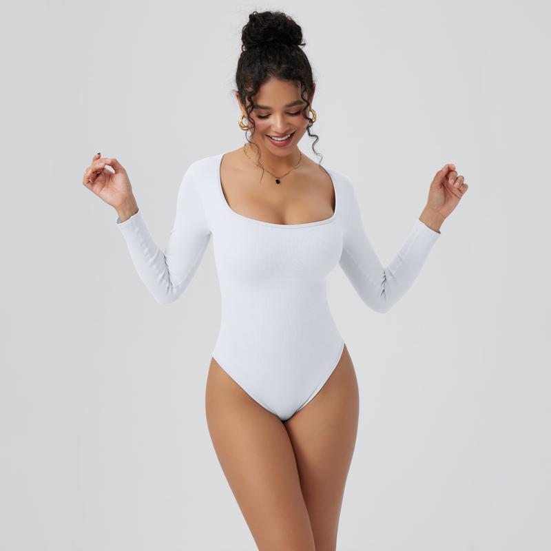OQQ Womens 2 Piece Bodysuits Long Sleeve Square Neck Stretch Fitted Bodysuits Basic