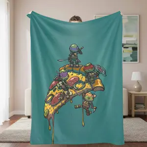 Cartoon Turtle Warriors Pizza Slice Flannel Blanket Cute Adventure Graphic Print Ultra Soft Warm Lightweight Cozy Throw Perfect for Sofa Decor Bedroom Lounge Office Nap Travel Friendship Gift Holiday Present Use