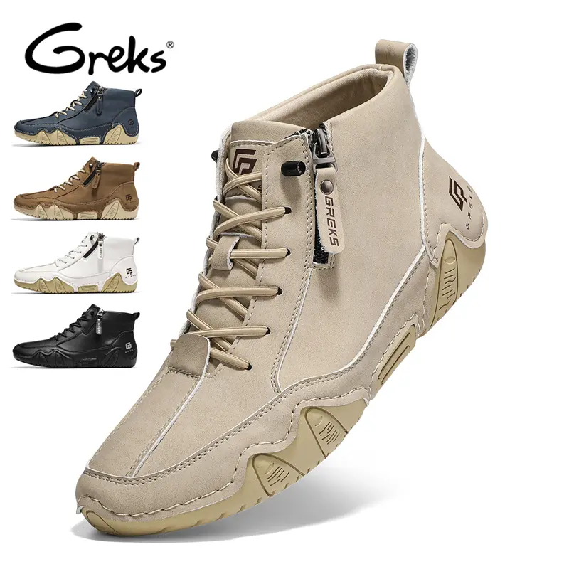 GREKS Men's Casual Ankle Boots - Easy Slip-On Side Zipper Walking Shoes with Decorative Laces, Comfortable Non-Slip Retro Fashion Boots