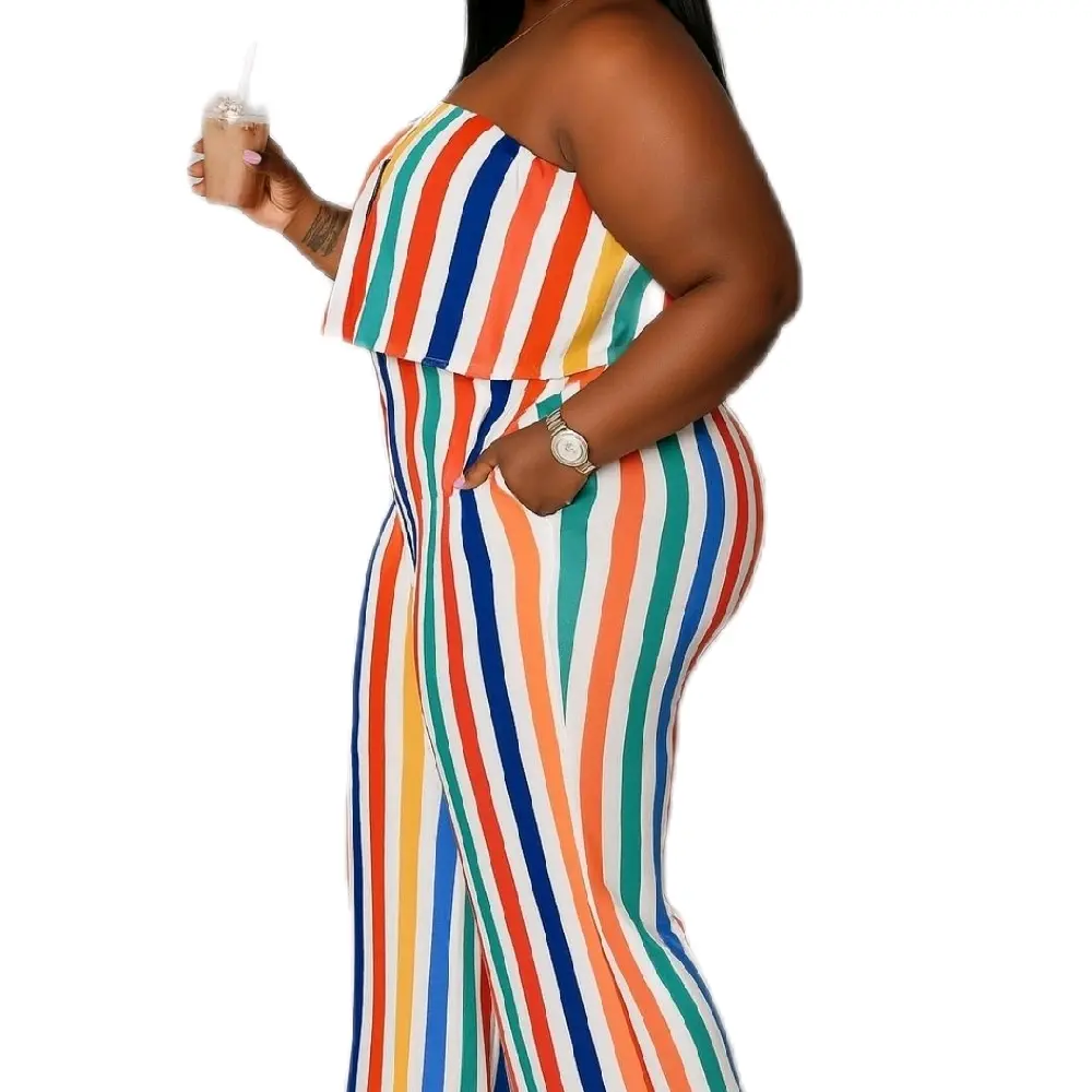 COLORFUL RAINBOW JUMPSUIT Comfort Women's Casual Overalls Boho Style Fitted Below the Ankle Rainbow Striped Sleeveless Strapless Rompers for Adults - Womenswear