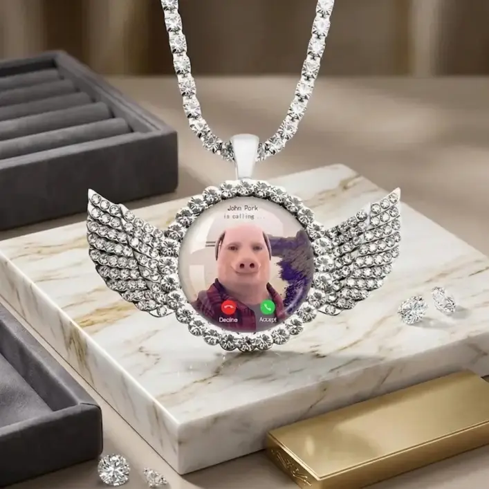 Unisex Meme-Inspired Pig Motif Angel Wings Costume Necklace, John Pork Phone Answer Funny Jewelry, Gift for Pig Lovers, Christmas Accessory