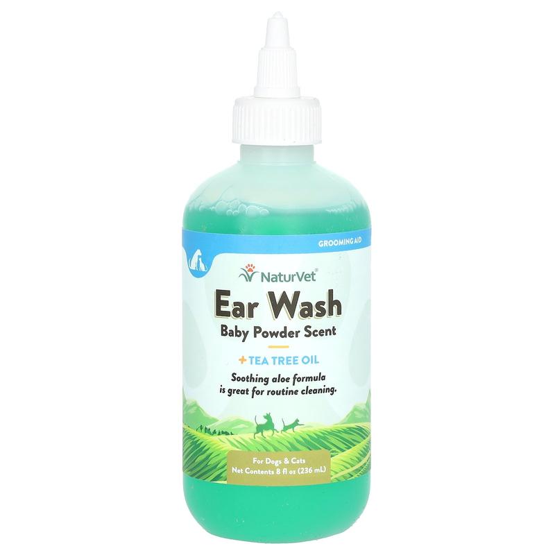 NaturVet Ear Wash + Tea Tree Oil, For Dogs & Cats, Baby Powder Scent, 8 fl oz (236 ml)