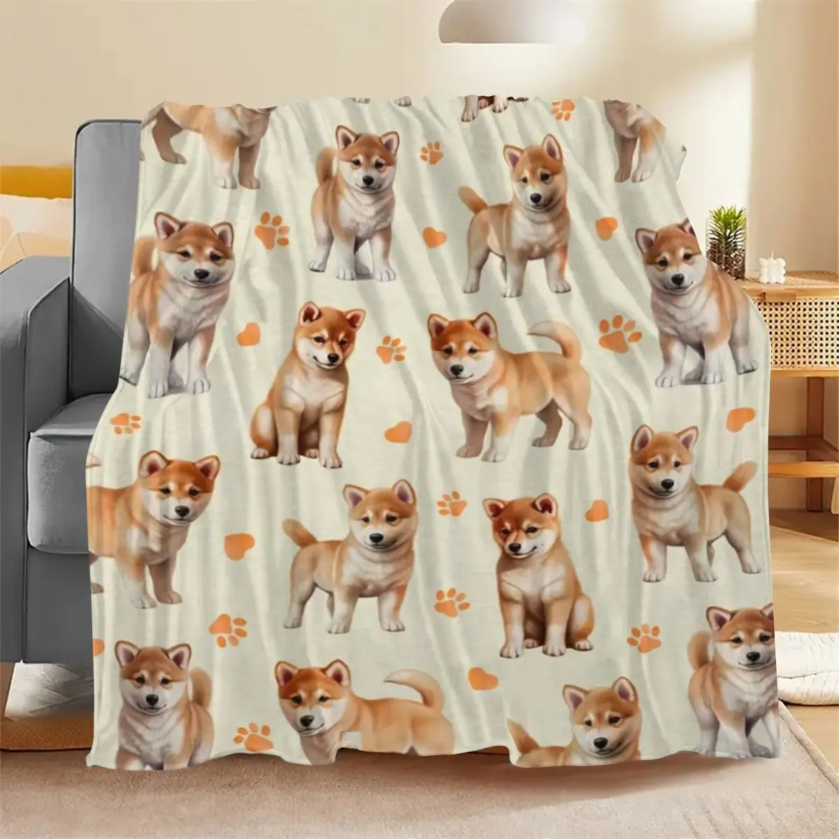 Shiba Inu Puppy Paw Print Hearts Plush Flannel Blanket - Soft, Warm, Cozy Look, Multi-Size Throw for Home Relaxation, Living Room Decor, Ideal Gift for Dog Lovers