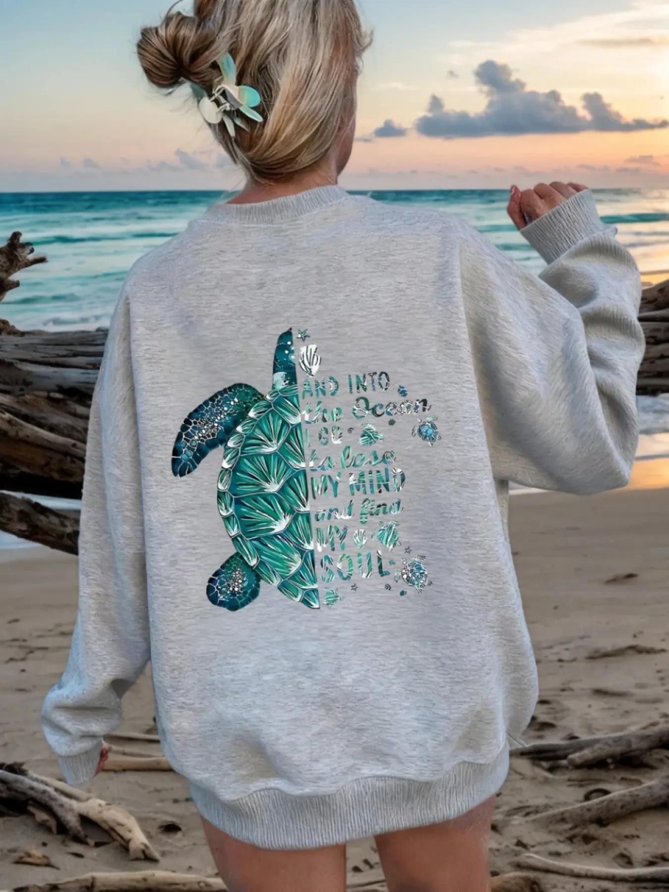 Coastal Cowgirl Aesthetic Ocean Turtle Graphic Sweatshirt, Casual Cozy Sweatshirt | Soft Fleece, Loose, Oversized Pullover, Ideal for Beach Days, Coastal Vacations, Casual Loungewear | Nature-Inspired Top for Women, Comfortable Stylish Outfits