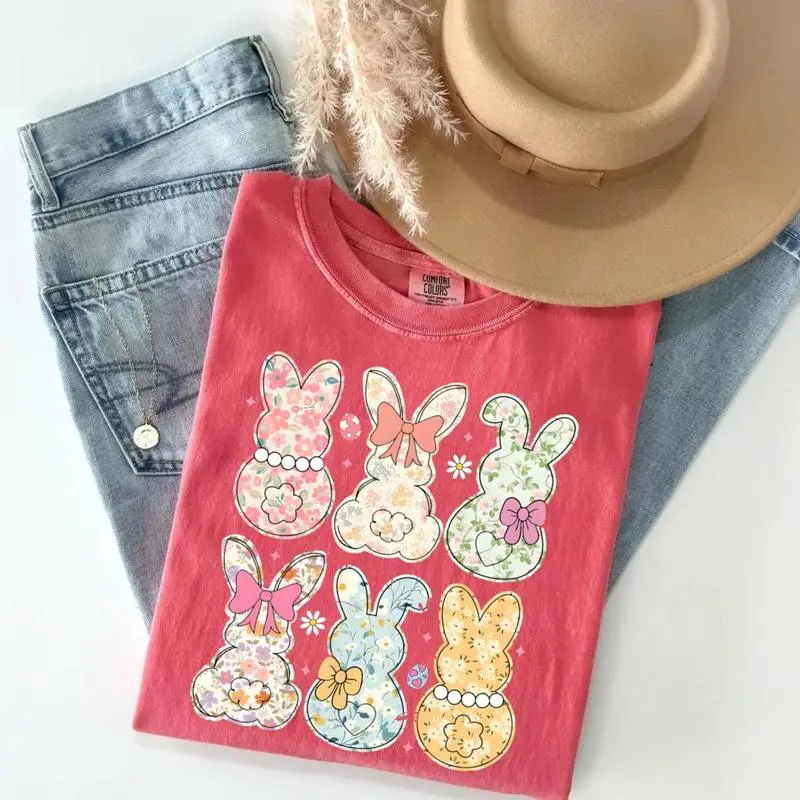 Comfort Colors Coquette Easter Bunny Floral Tshirt, Easter Bunny Tee, Coquette Easter T-shirt, Girly Easter Kids Bow, Retro Easter Tee, Spring Floral Bunny T-shirt