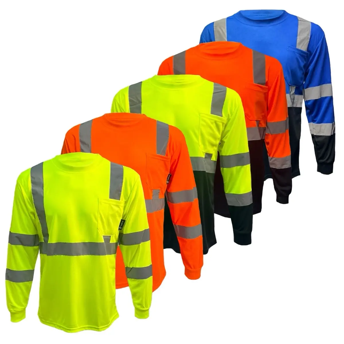5 PACK - High Visibility Variety Pack with Solid Yellow and Orange or Two Tone Long Sleeve Safety Shirt Available in Yellow, Orange or Blue with Black Bottom Half - Birdeye Fabric,travel essentials,camping essentials