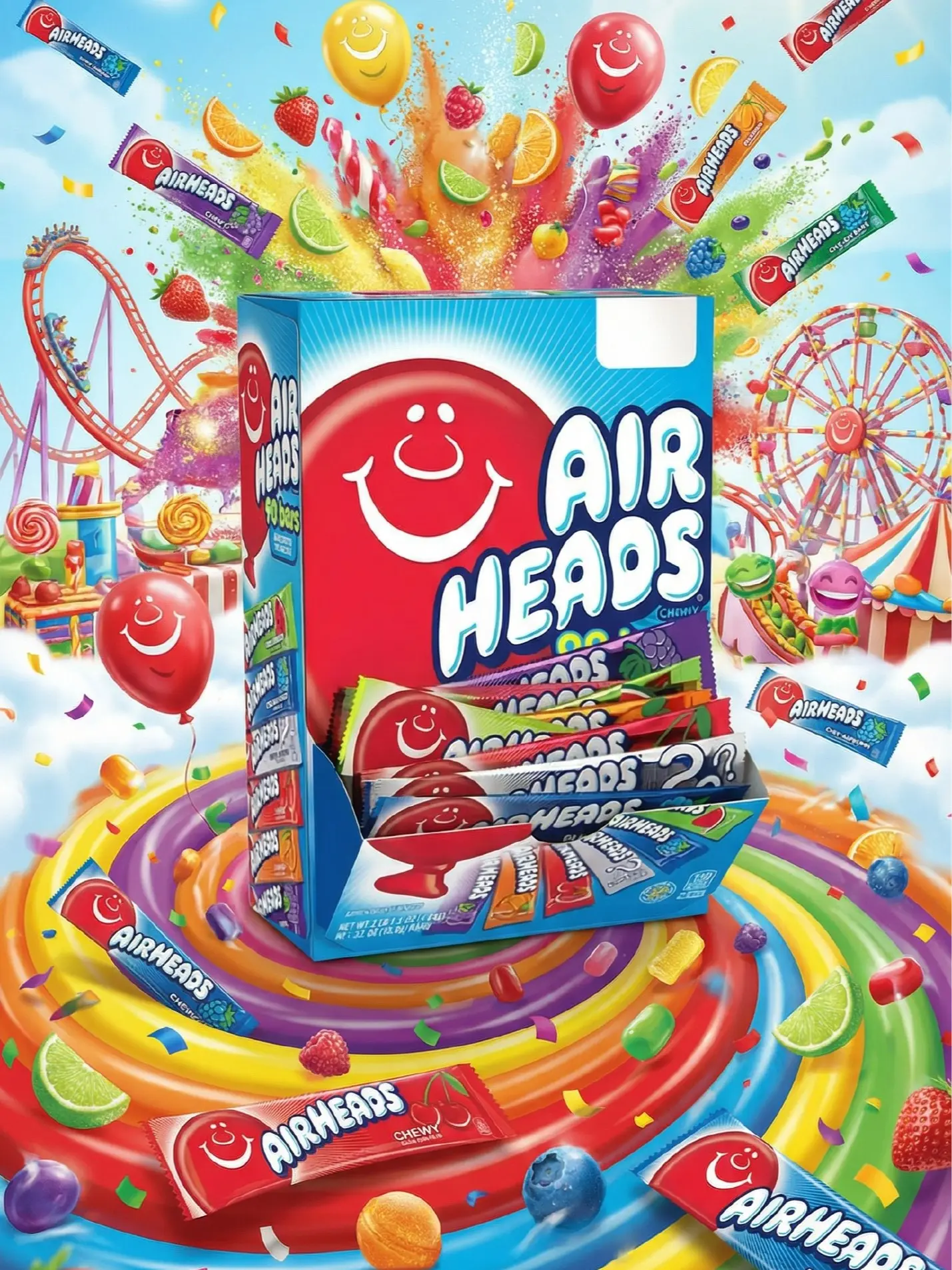 Airheads Full-Size Candy Bars, Taffy Candy Bulk Variety Pack, Individually Wrapped, Six Assorted Fruit Flavors Artificially Flavored, 60 Count Box Sweet Tangy