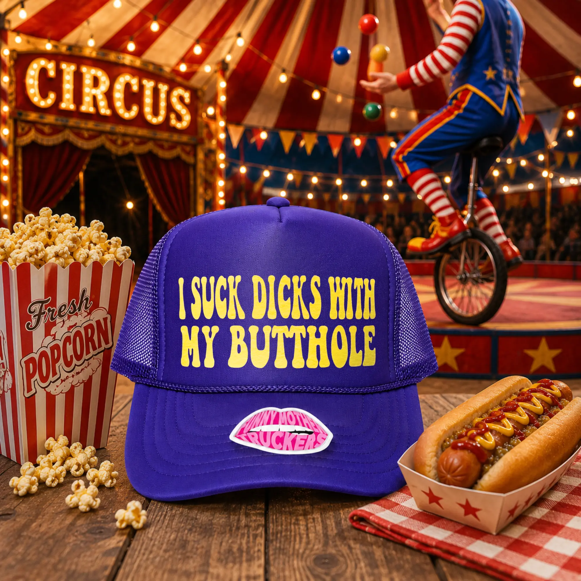 Trucker Hat - Bold Slogan, Custom Printed Slogan, Funny Graphic, Humorous Badge Design with "I Suck Dicks With My Butthole" Statement, Bold Slogan Hats, Custom Printed Slogan Hats