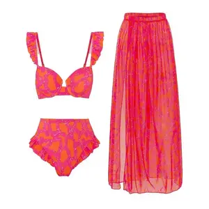 &Three-Piece Set Women's All Over Print Ruffle Trim Swimsuit Set, Boho Sleeveless Swim Top & High Waist Swim Bottom & Split Thigh Elastic Waist Cover Up Skirt Set, Ladies Summer Swimwear for Beach