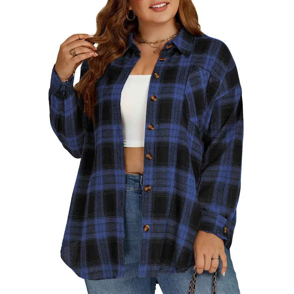 Women's Plus Size Plaid Flannel Shacket, Comfy Loose Fit Button Down Tunic Top with Pocket, Casual Long Sleeve Fall Shirt, Oversized, Cute, Leggings, Baggy, Check, Lady, Style, Drop Shoulder, Collared, Rayon Blend, Blouses, Buffalo Plaid