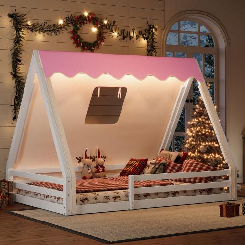 [Bellemave]Twin /Full Size House Floor Bed with Tent and Light, Solid Wood Teepee Floor Bed with Full-length Guardrails, Montessori and Childlike Design