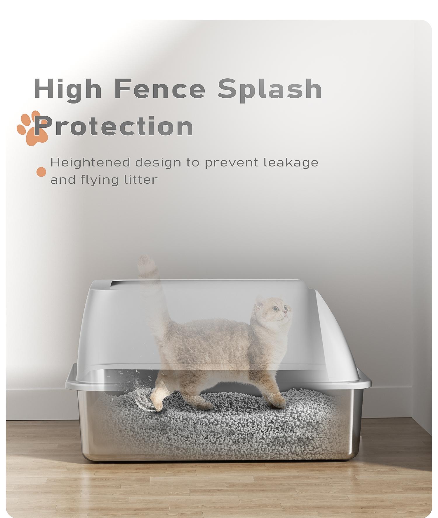 Petterm Stainless Steel Cat Litter Box with Scoop & Mat, Large Semi or Fully Enclosed Design, High-Side Enclosure, Non-Sticky, Anti-Leak, High-Walled