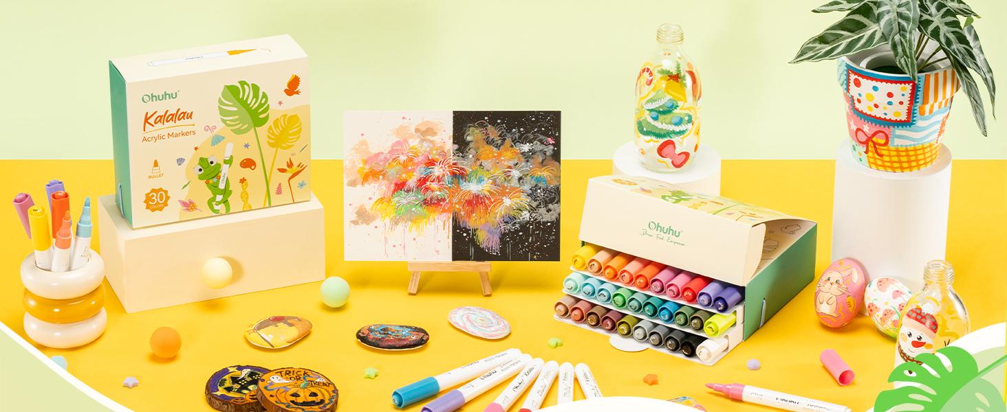 Ohuhu Acrylic Paint Markers: Bullet Tip - 30 Colors - High Opacity Paint Pens Waterproof Acrylic Markers for Rock Painting Easter Eggs Wood Glass Ceramic Canvas - Kalalau Series of Ohuhuart