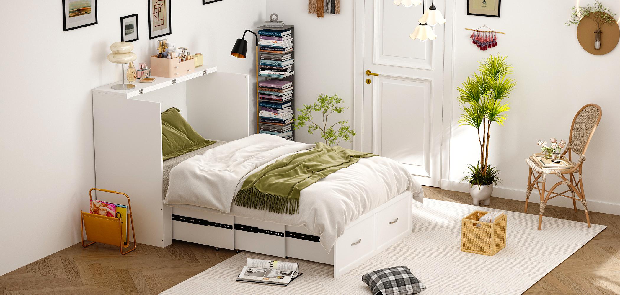 FUFU&GAGA Twin Murphy Bed w/ Built-In Charging Station, 2-in-1 Cabinet Bed & Chest, Large Storage Drawer, Space-Saving Foldable for Bedroom/Office