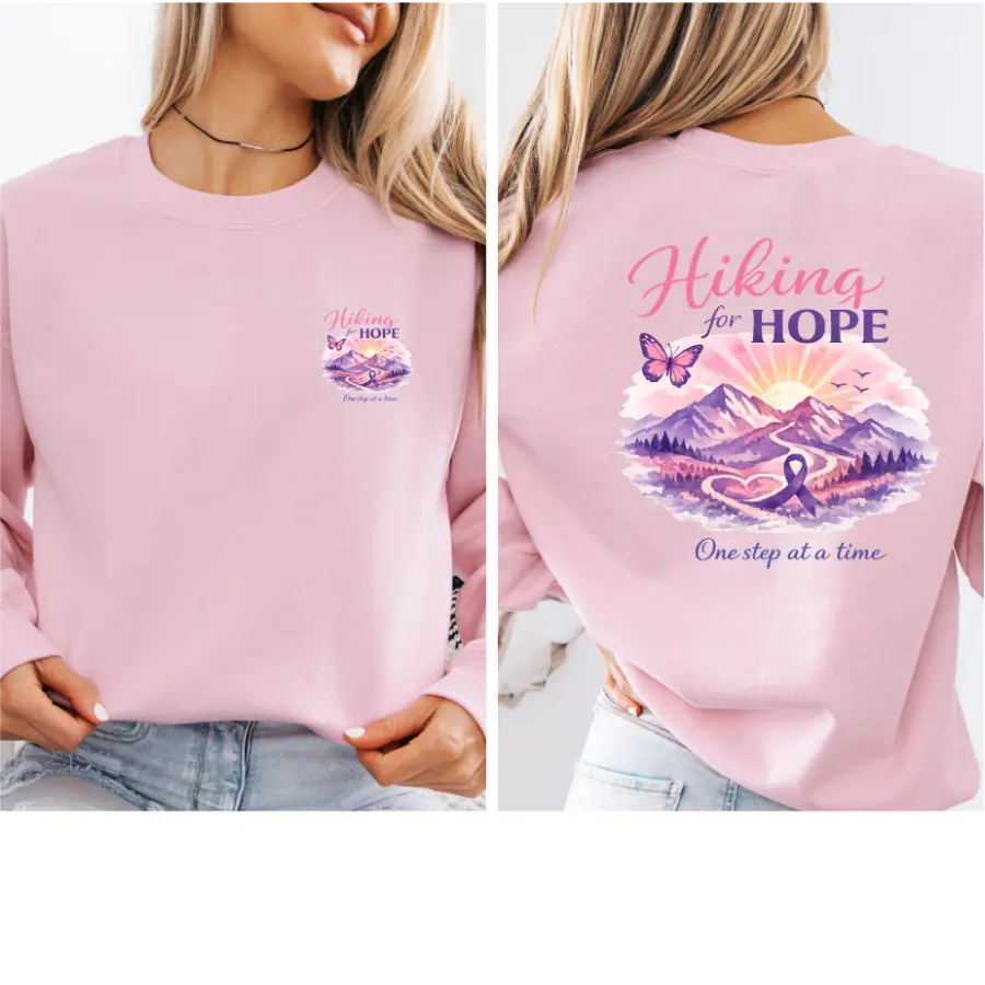 Pink Hiking for Hope Sweatshirt – Inspirational Awareness Crewneck | One Step at a Time Soft Womenswear