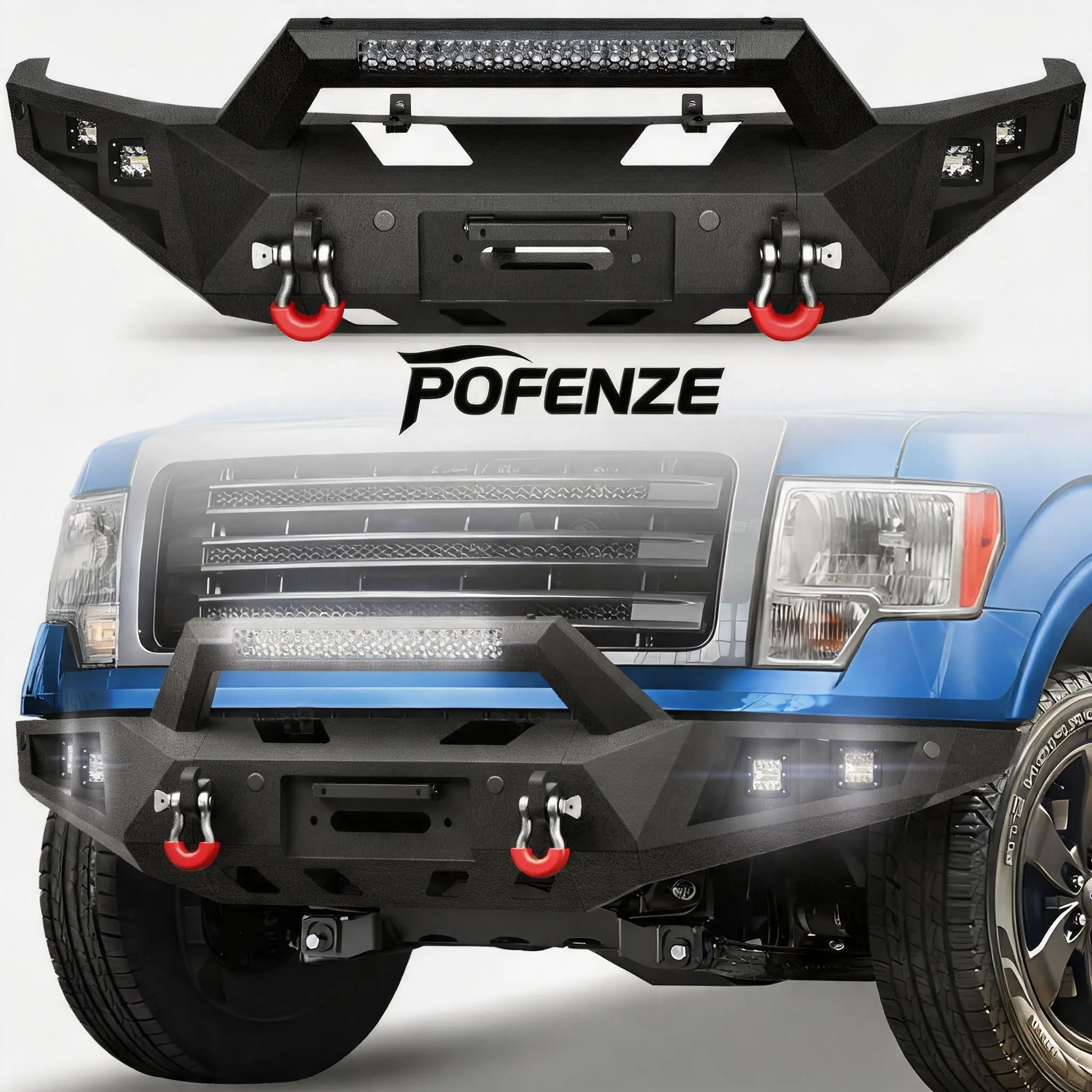POFENZE-Mestan Functional Front Bumper for 2009-2014 Ford F150 (Excluding Raptor) - Auto Replacement Body Part with LED Lights, D-Rings, License Plate Bracket, Cargo Security, Vehicle Accessory Upgrade to Enhance Your Ride