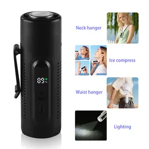 Portable, high-speed cooling handheld fan; can be worn on the waist or neck; features a 20000 RPM brushless motor with a long battery life of 5000 mAh; LED light; and 5 wind speed settings. Ideal for camping, construction sites, and outdoor activities.