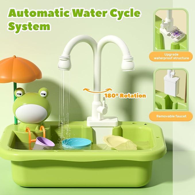 CUTE STONE Pretend Play Sink with Running Water, Upgraded Electric Faucet, Realistic Play Food Set, Learning Cookingset, Valentine's Day Gift