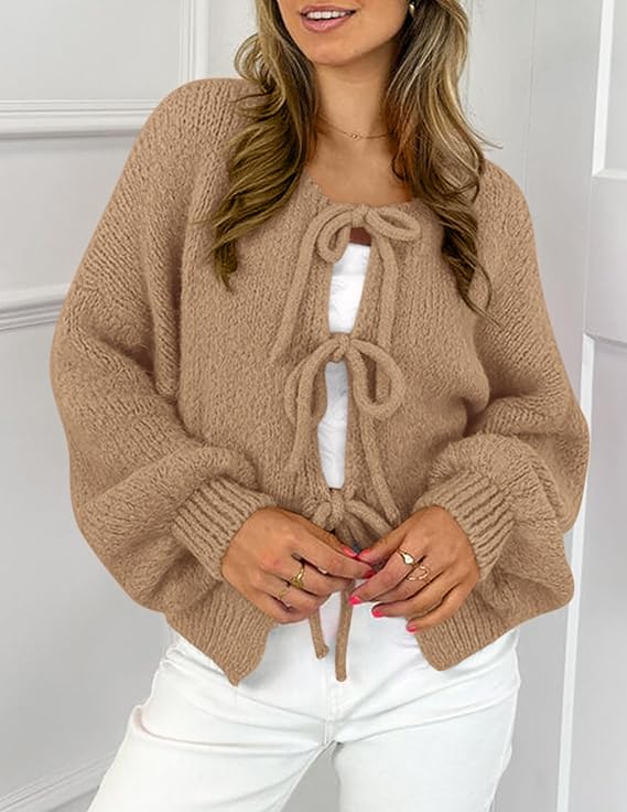 PrettyGarden Women's Tie Front Bow Cardigan Sweaters Chunky Knit Long Puff Sleeve Trendy Fall Winter Jacket Coats