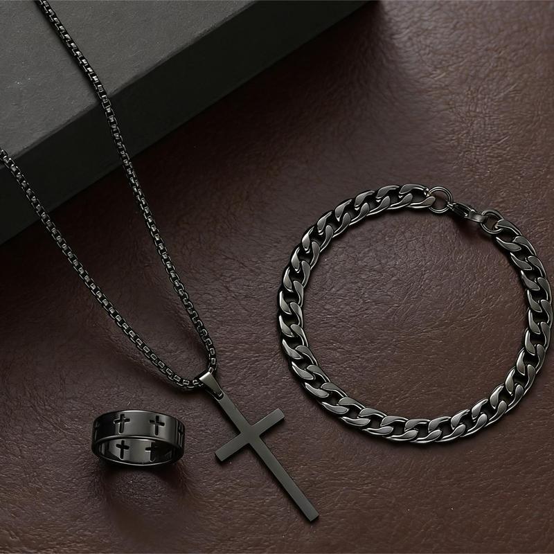 3-Piece Cross Jewelry Set – Vintage Minimalist Necklace, Bracelet, & Ring, Unisex Accessory for Everyday Wear, Perfect for Gifting & Stylish Daily Looks