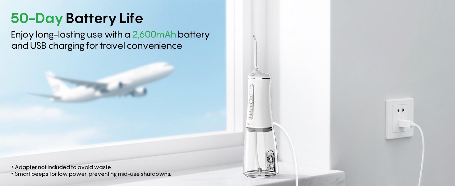 FRESKO Water Dental Flosser – 50-Day Battery, 10 oz Tank, 5 Tips, Waterproof & Gentle for Braces/Sensitive Gums