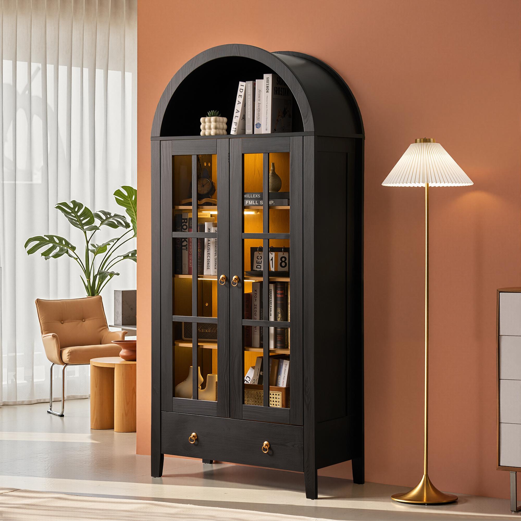 【Stock Up Sale】Ovios 71" Tall Arched Kitchen Pantry with Glass Door & Magnetic LED Lights, Modern Farmhouse Deep-Drawer Livingroom Storage Cabinet, Eco Wood Panel, Cupboard for Kitchen/Dining/Bathroom/Toy