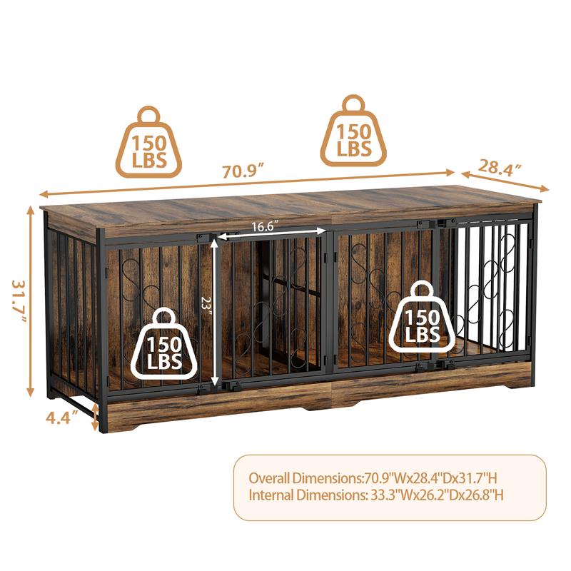 COZPAW Large Dog Crate Furniture, 48/52/71/78/86Inch Wooden Dog Kennel for XLarge Dogs, Heavy Duty Dogs Furniture Indoor Wire Dog Cage with Caster Wheels, Decorative Pet House End Table, Brown