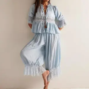 Women Lace Trim 2 Piece Pajamas Sets Y2k Bow Tie Front Short Sleeve Shirts + Ruffle Flared Lantern Pants Loungewear Nightwear Womenswear