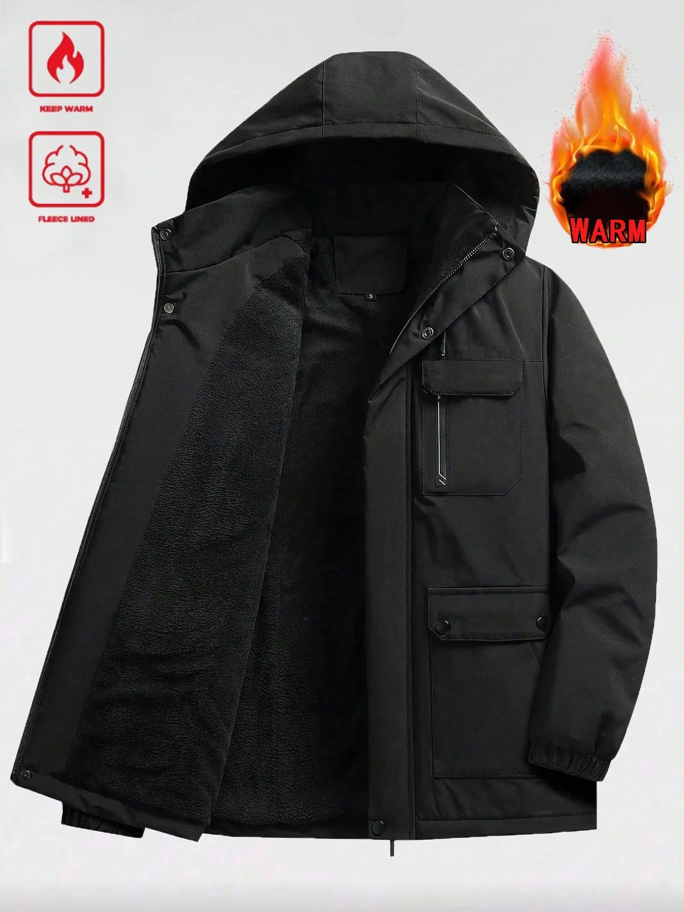 Men's Basic Heavyweight Winter Cotton Parka - Long Sleeve, Windproof, Thermal Fleece-Lined, Wind-Blocking Adjustable Hood, Chest Pocket, Outdoor Tops for Snow Skiing, Hiking Camping Clothes