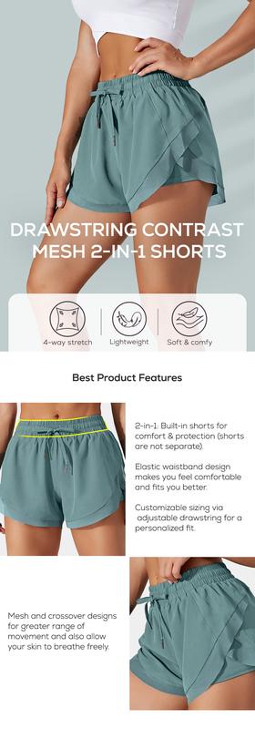 Halara Mid Rise Drawstring Contrast Mesh 2-in-1 Flowy Running Shorts 3''
