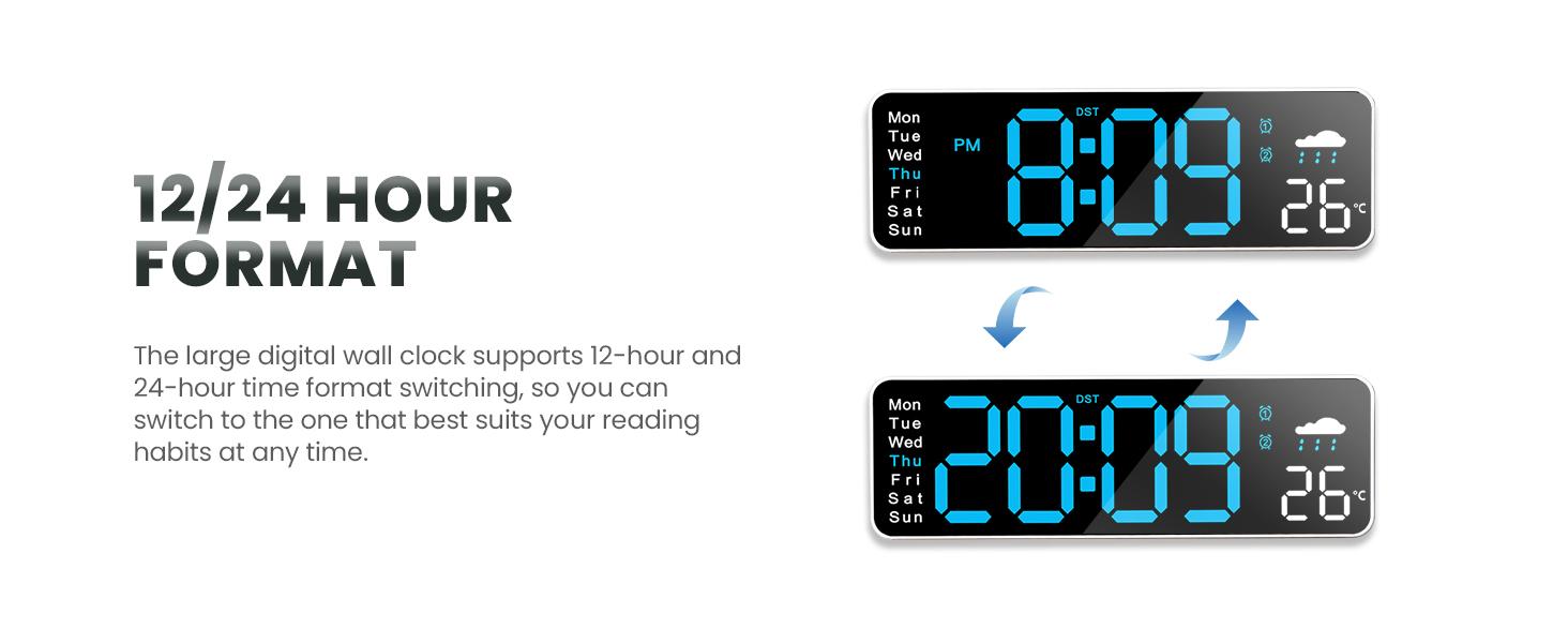 8.98" Digital Clock with Date, Week, Temp, Humidity, DST, Timer, Auto-dimming for Living Room Classroom Gym Church Shop Garage Wall LED