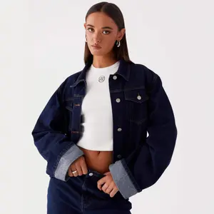 Denim Bomber Jacket - Dark Wash, women's comfortable casual denim jacket with a turn-down collar, autumn long-sleeve denim jacket