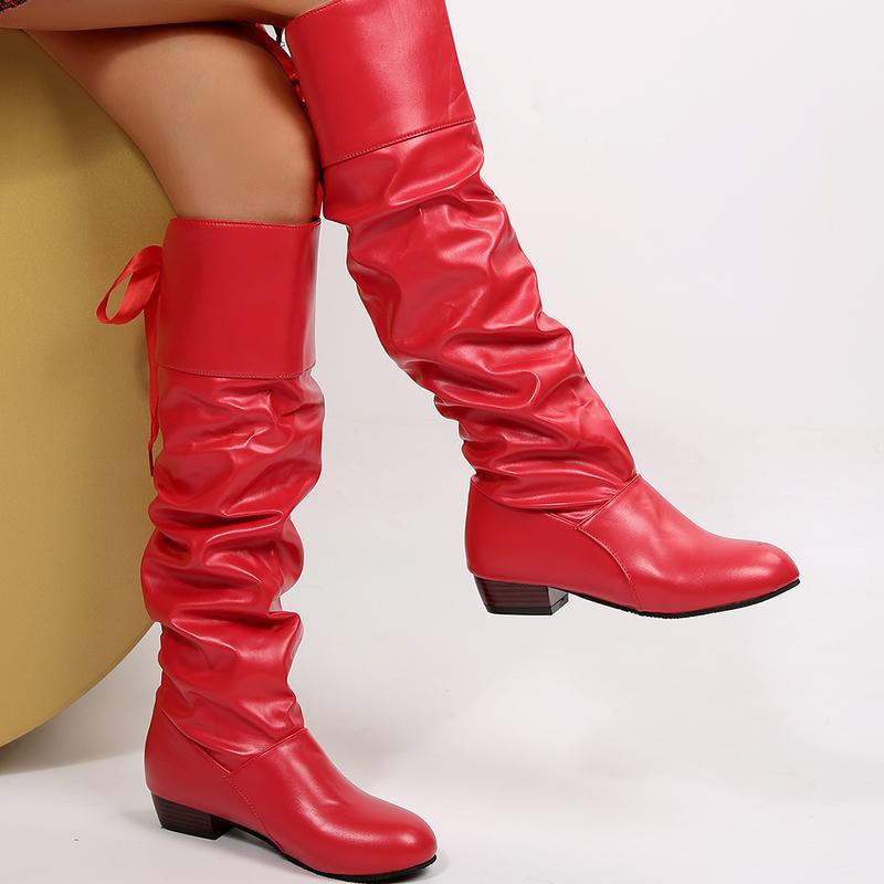 Women's Black Knee High Boots, Pleated Back Lace Slip On Chunky Heel Winter Shoe, Womensfashion Glossy Long Boots for Women, Perfect Valentine's Day Gift