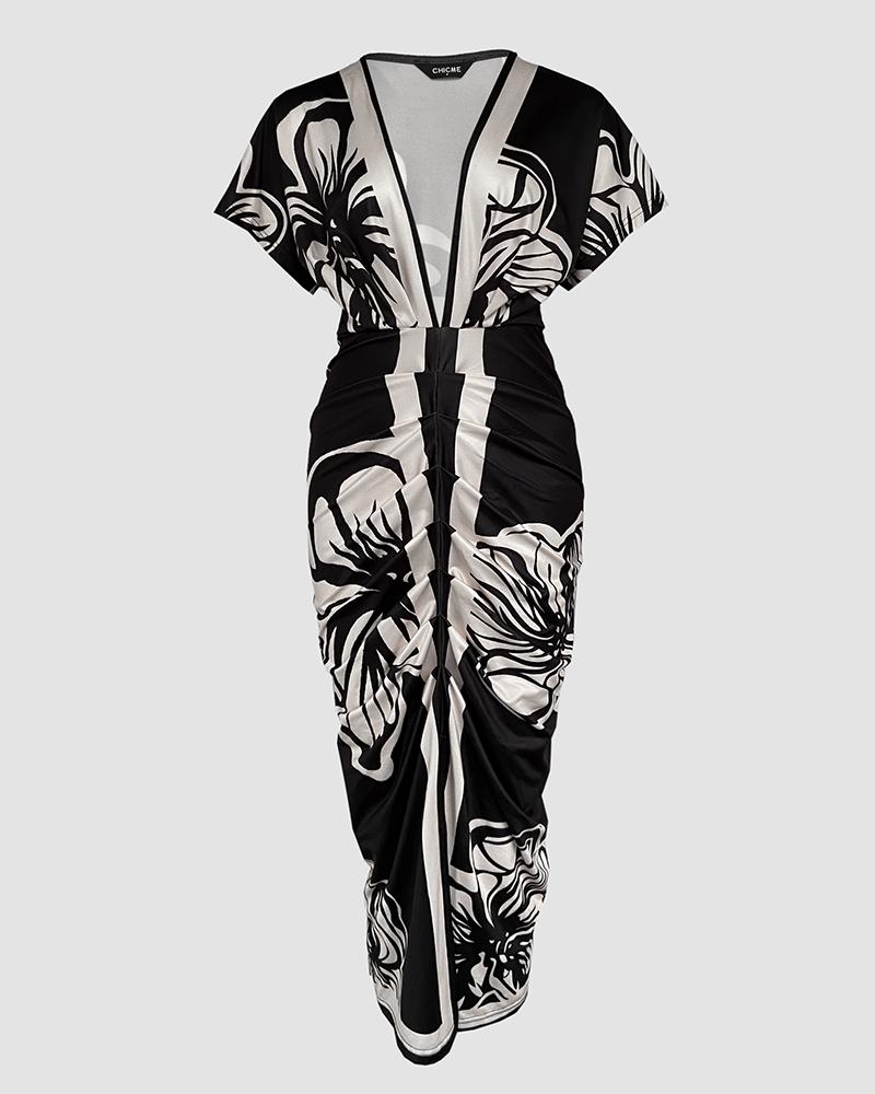 ChicMe 2026 Women's Floral Print V Neck Short Sleeve Ruched Dress/Goddess Dress Casual Waist Wedding Guest Slit Midi Wedding Dress Womenswear