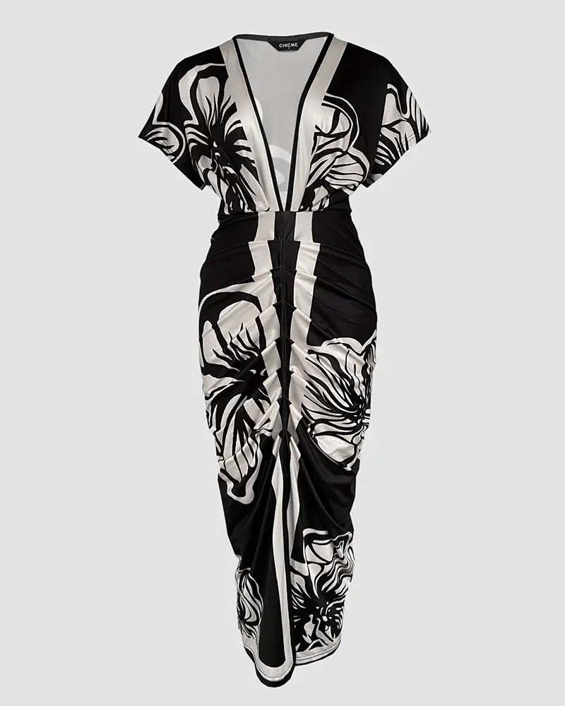 CHICME Women's Feminine Floral Print V-Neck Bodycon Midi Dress - Ruched, Slit Design for Wedding Guest, Casual Wear & Dressy Occasions