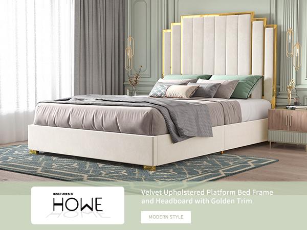 VanAcc Bed Frame and 65" Headboard, Upholstered Bed with Golden Plating Trim, Modern Platform Bed No Box Spring Needed/Christmas Gift
