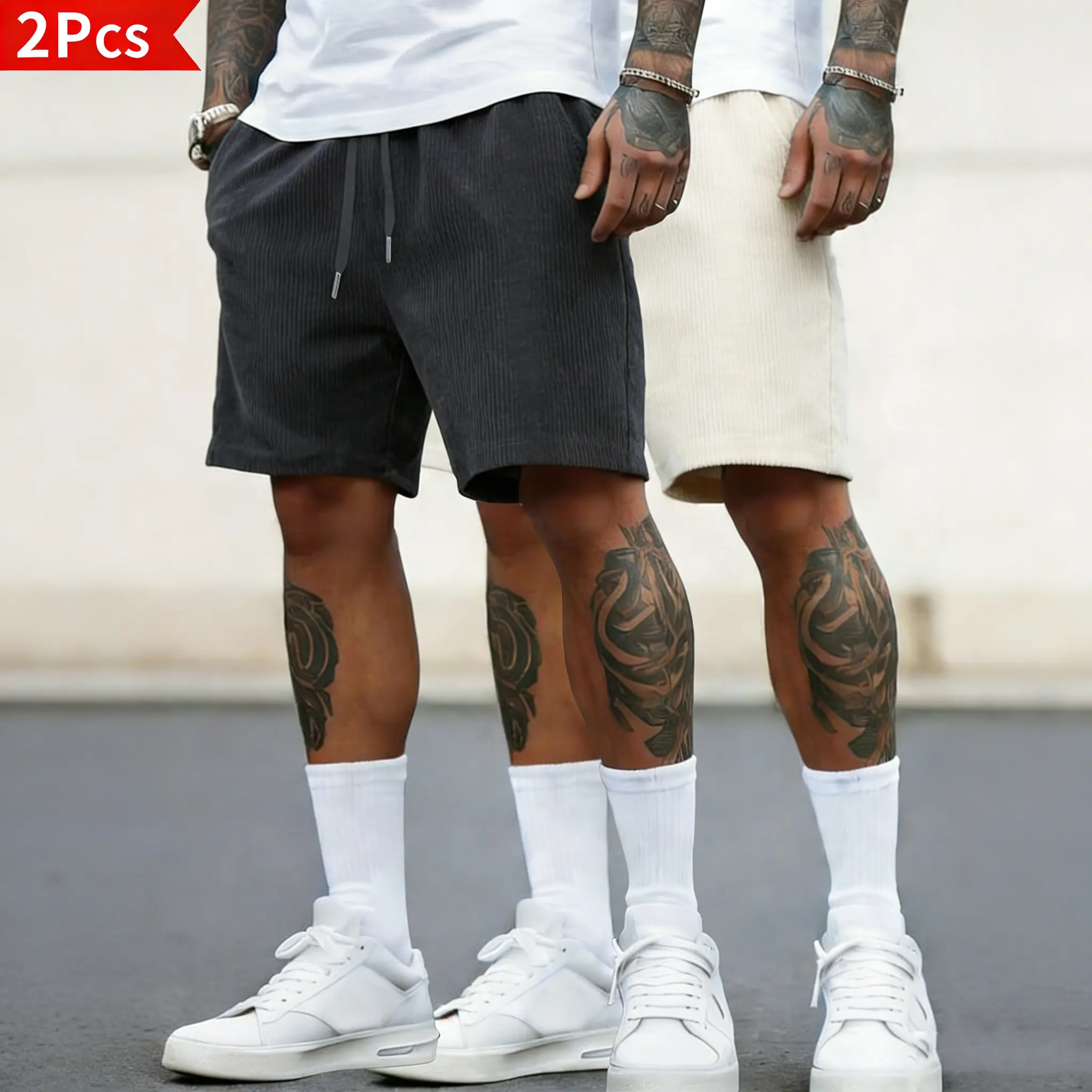 2Pack Men’s summer corduroy casual shorts, comfortable, breathable fabric; loose fit; retro street style men’s shorts (available in 2-pack and 1-pack). Beige Knitted