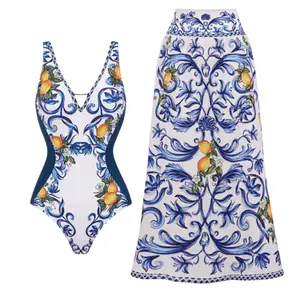 FLAXMAKER Women's Lemon Print Blue One Piece Swimsuit and Matching Cover Skirt Set Swimdress Stylish Beachwear Bathing Suit
