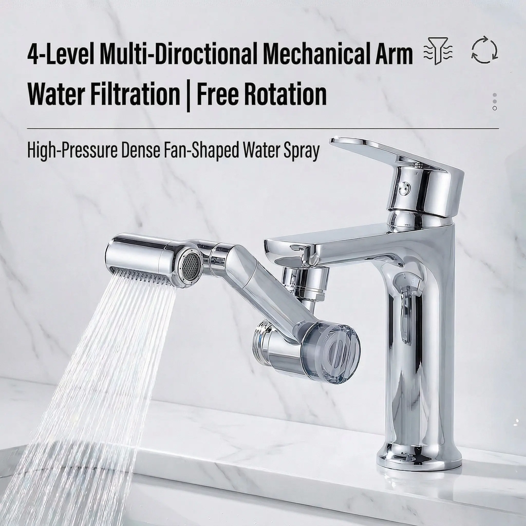 1080°Swivel Faucet Extender, Water-saving Sink Water Faucet Aerator Extension in Brass, Swivel Robotic Arm Bathroom Faucet Extender, Kitchen Rotating Extension Filter with 4 Mode Splash