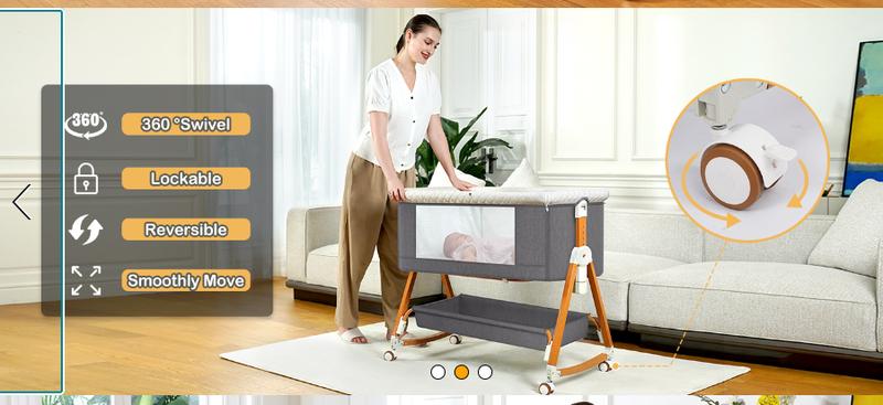 Baby Bassinet Sleeper, 6 Height Adjustable Cribs, Easy to Fold Portable Crib Side Bassinet, Swing Cradle Bed Side Sleeper with Ventilated Net&Wheels