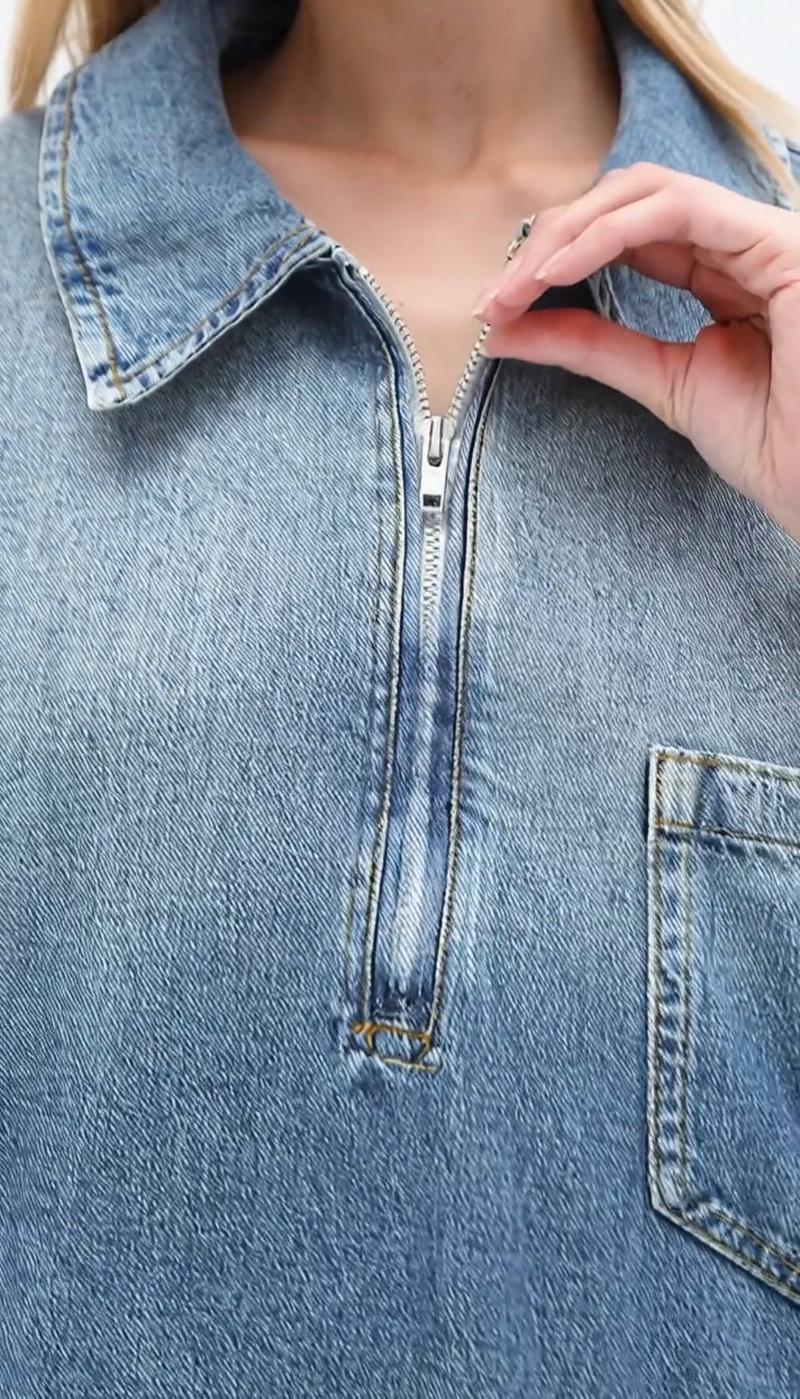 Elengatine Women's Denim Dress Half-Zip Collared Vintage Washed Blue Loose Fit Long Sleeve One Chest Pocket Trendy Casual Top for Daily Wear & Street Style Looks - Chic Autumn and Winter - Womenswear Suitable for all people, sizes range from XS - 5XL